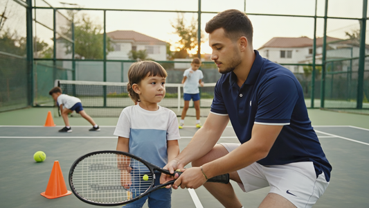 A young tennis coach shows a boy how to grip a racquet on an outdoor court with other kids practicing in the background.