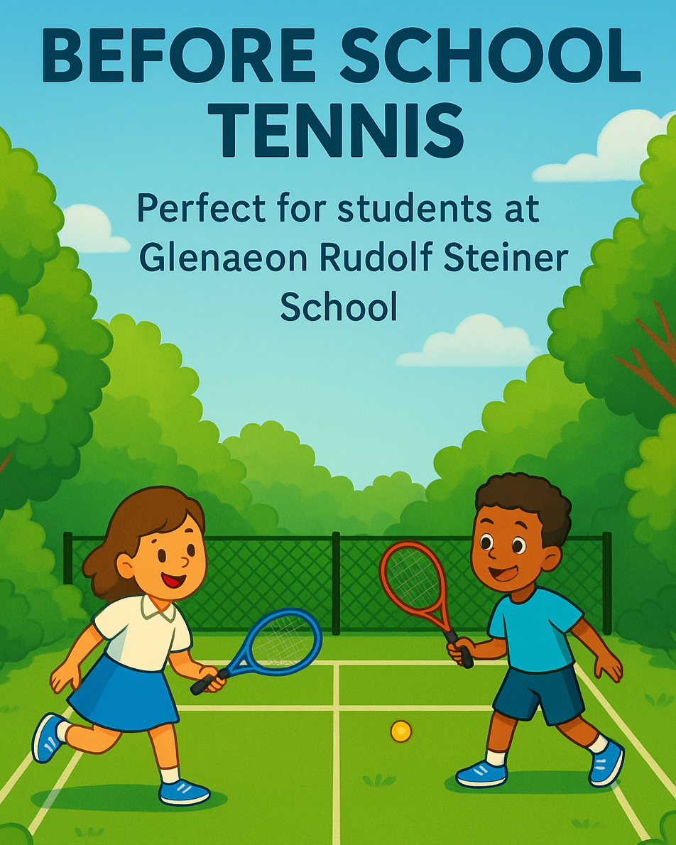 Cartoon illustration of two children playing tennis on a court with trees and sky in the background.
