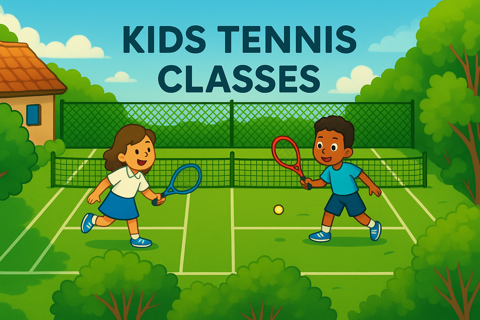 Illustration of two children playing tennis on a court with text 'Kids Tennis Classes'.
